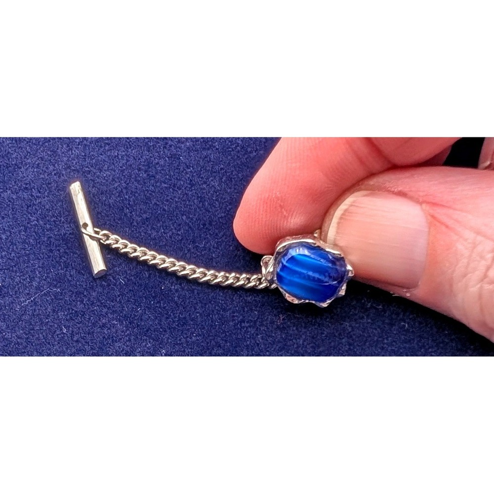 Vintage Blue Cats Eye Tie Tack Silver Tone Scalloped Bezel T-Bar Safety Chain